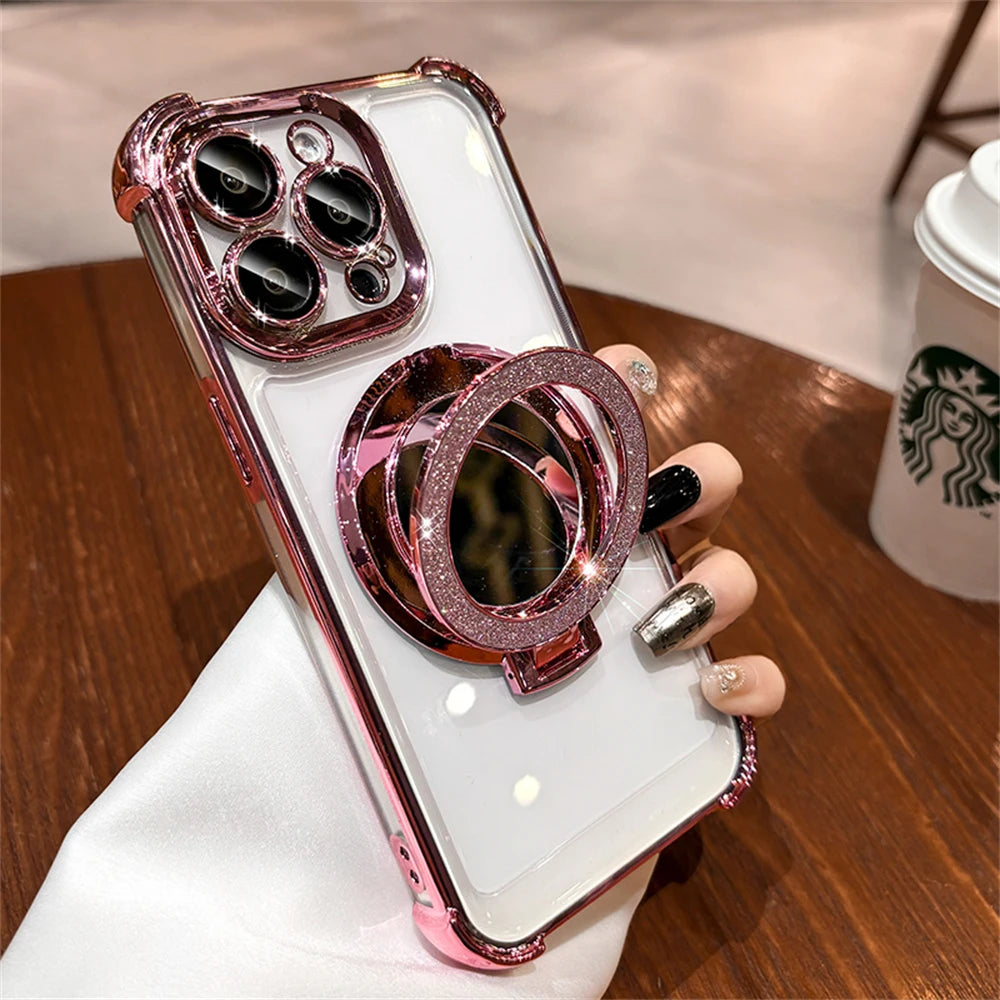 Luxury Glitter Makeup Mirror For Magsafe Magnetic Bracket Case For Various iPhone