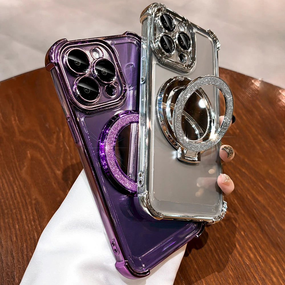 Luxury Glitter Makeup Mirror For Magsafe Magnetic Bracket Case For Various iPhone