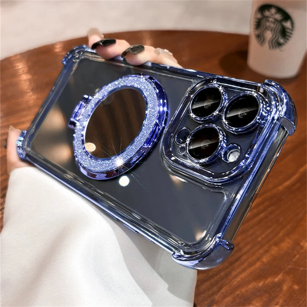 Luxury Glitter Makeup Mirror For Magsafe Magnetic Bracket Case For Various iPhone