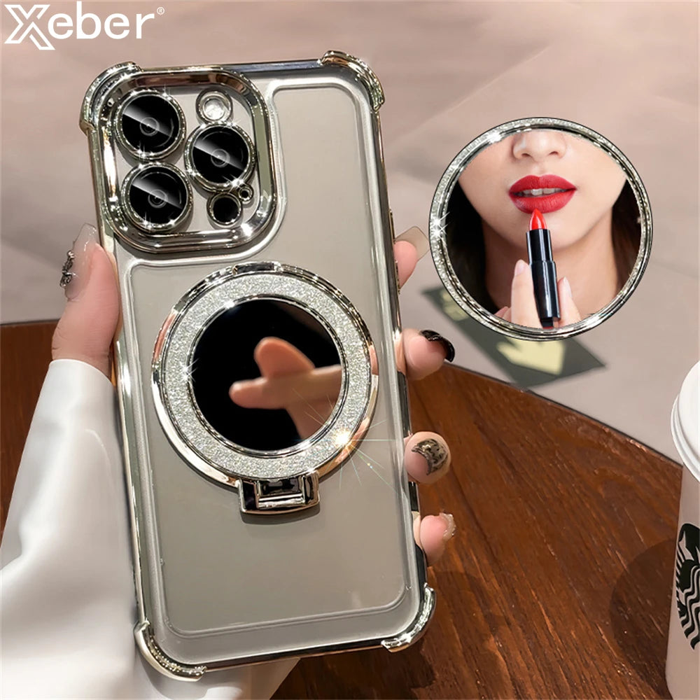 Luxury Glitter Makeup Mirror For Magsafe Magnetic Bracket Case For Various iPhone