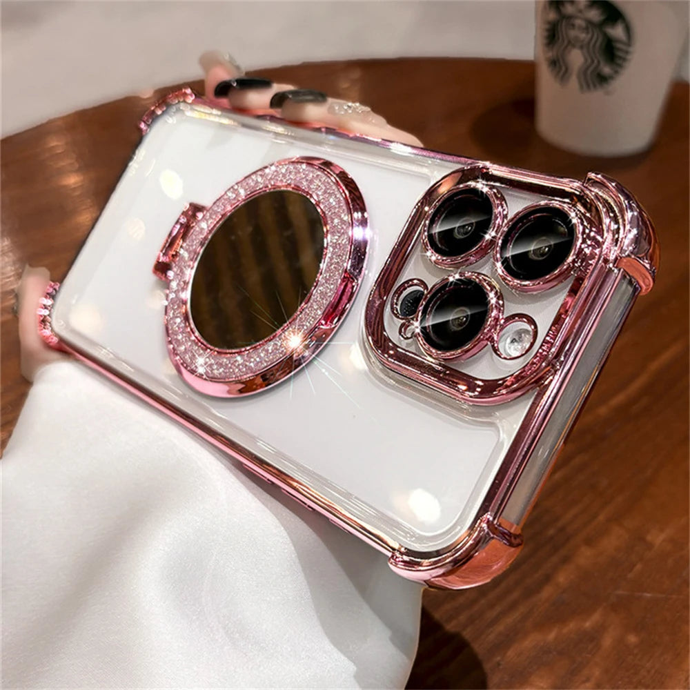 Luxury Glitter Makeup Mirror For Magsafe Magnetic Bracket Case For Various iPhone