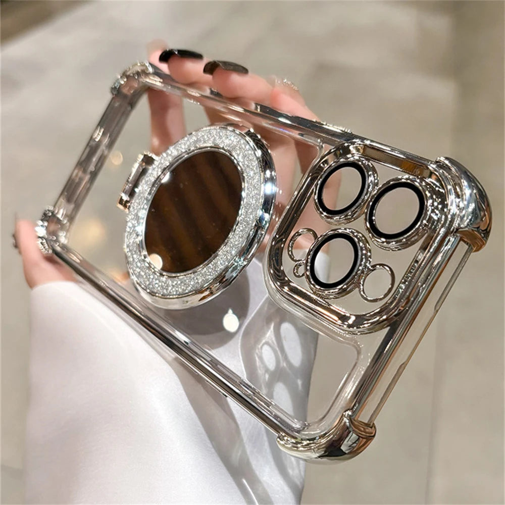 Luxury Glitter Makeup Mirror For Magsafe Magnetic Bracket Case For Various iPhone
