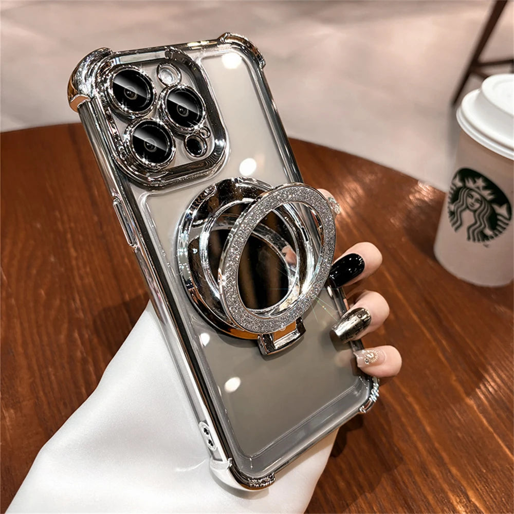 Luxury Glitter Makeup Mirror For Magsafe Magnetic Bracket Case For Various iPhone